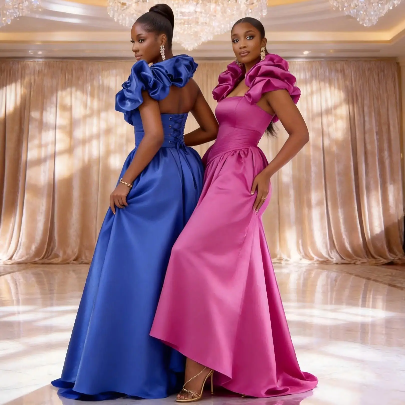 

Qmansha Plus Size Custom Satin Off Shoulder Evening Gown Ruffle High Low Corset Back Formal Party & Prom Dress Wedding Dress