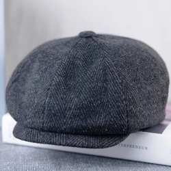 Wool Men's Winter High Quality Wool Newsboy Hats Herringbone Octagon Cap Dark Gray Men Women Gatsby Flat Hat B-56