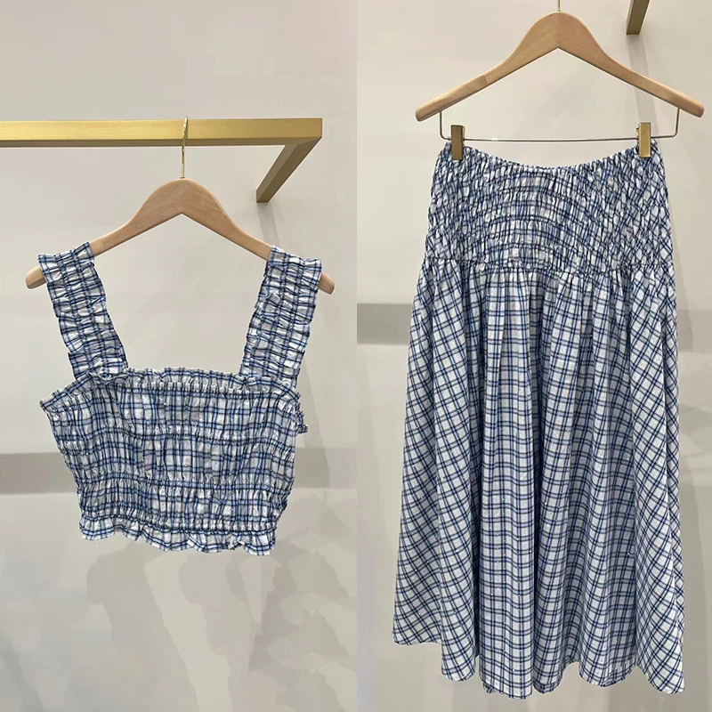 

Новая весенне-летняя сине-белая клетчатая эластичная юбка с высокой талией и стразами, хлопковая юбка А-силуэта для женщин