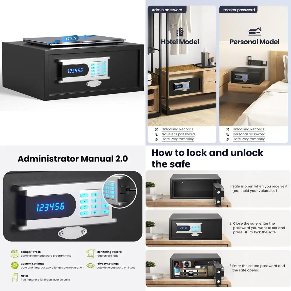 

Сейф для отеля объемом 1,07 куб. фута, многопользовательский, с функцией отслеживания операций, админ-паролем, бесшумной работой, клавиатурой с подсветкой, для ноутбуков и документов