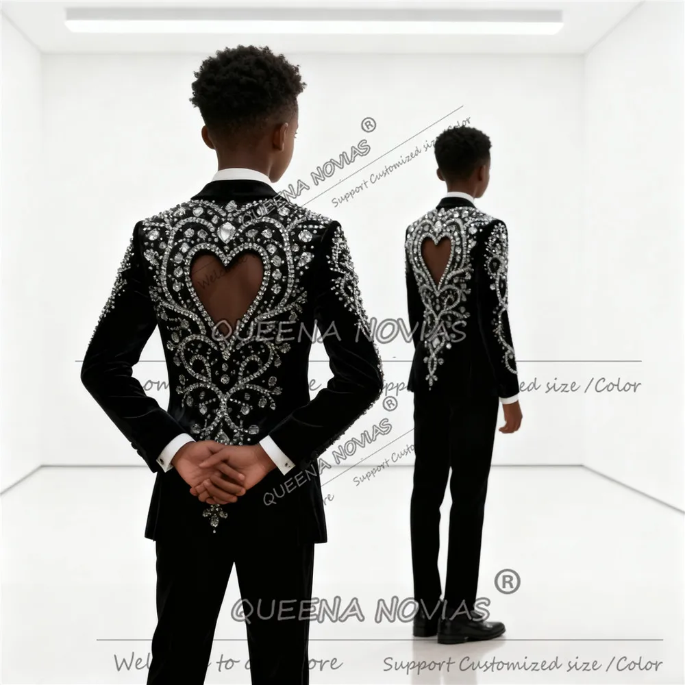 Elegant Boy's Suit For Wedding 2 Pieces Glittering Stones Beaded Children Blazers Customized Cut-Out Design Kids Party Tuxedos