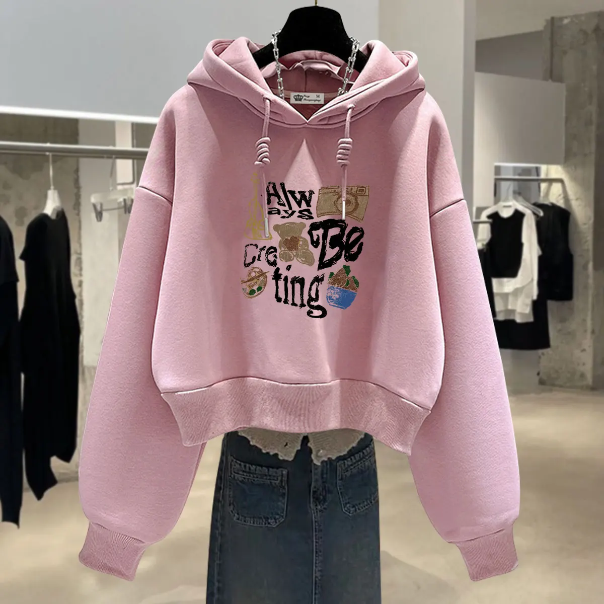 

Розовая толстовка с капюшоном, женская тонкая высококачественная утягивающая модная верхняя одежда с принтом, осень-зима, корейский сле
