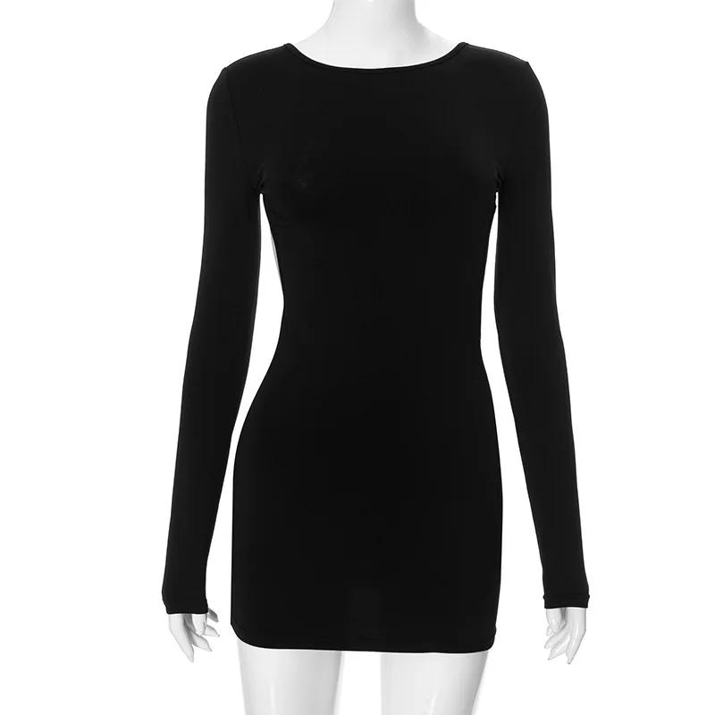 Backless Hollow Out Long Sleeve Dress for Women 2024 Autumn New Sexy Solid Elegant Party Mini Dresses