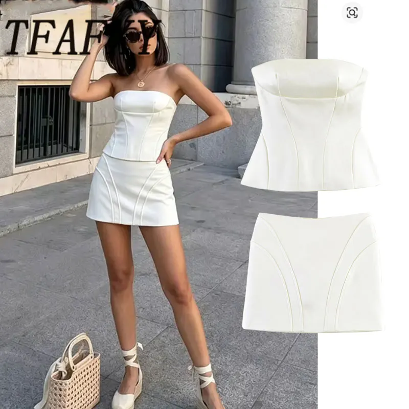 

TFAFXY 2026 Summer Woman Satin Mini Skirts Sets For Women New Skirts Corset Tops Two Piece Set Women's Suits