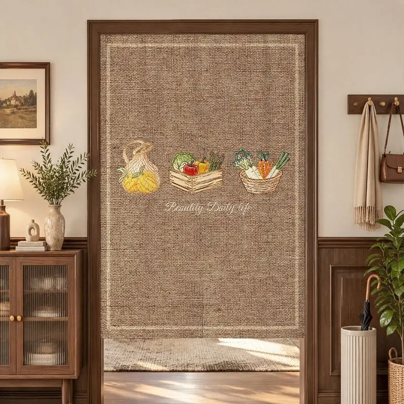 Linen Texture Fruit And Vegetable Door Curtain Slogan Fabric Door Curtain No Punching Kitchen Entrance Privacy Partitio Curtain