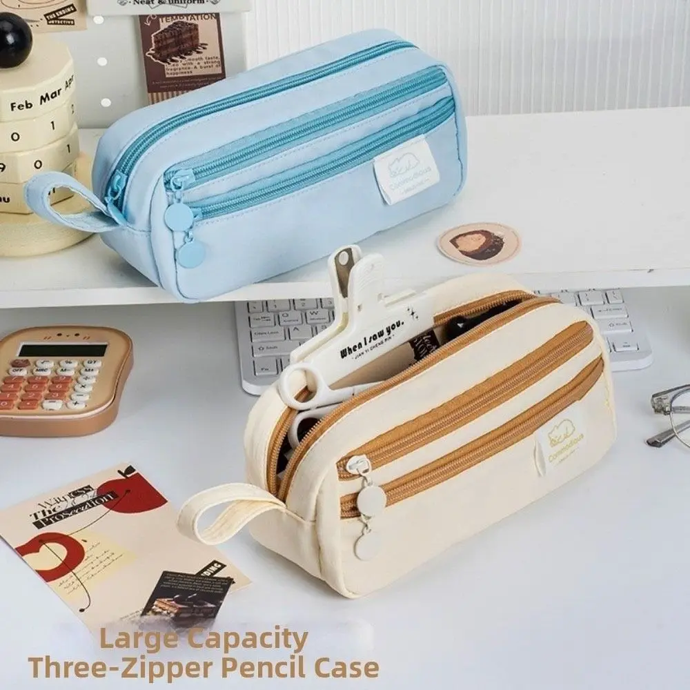 

Pen Bag Three Layer Pencil Case Large Capacity Handheld Stationery Pen Bag Simple Korean Style Pencil Storage Bag Girls Boys