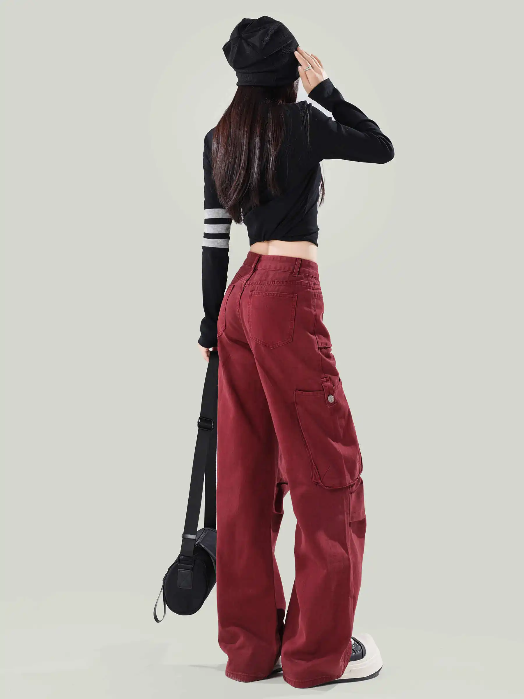 Vintage Red Cargo Jeans Women Streetwear Fashion Korean Style Burgundy Baggy Punk Pants Multi-Pocket Trousers y2k pants