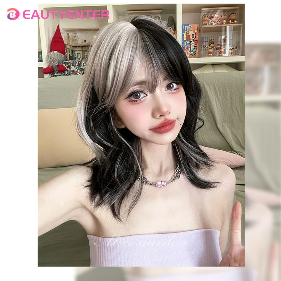 Synthetic Hair Wigs For Women Wave Black and gray color matching Wig With Bangs Cosplay Halloween  Y2K High Temperture Fiber