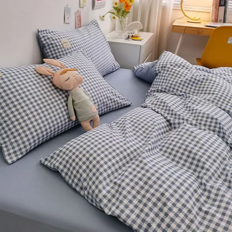 Japanese Simple Striped Check Bedding Sets Brushed Washed Cotton Skin Friendly Comforter Cover Bedclothes for Queen King Size