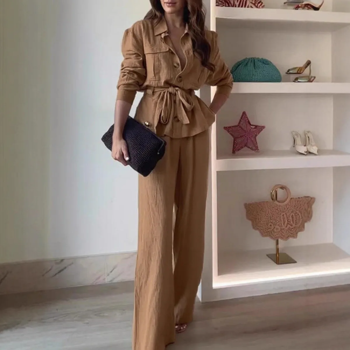 

Women Casual Cozy Lapel Shirt Pants Suits Fashion Single Breasted Blouses Elastic Waist Pant Set 2025 Spring Autumn Loose Outfit