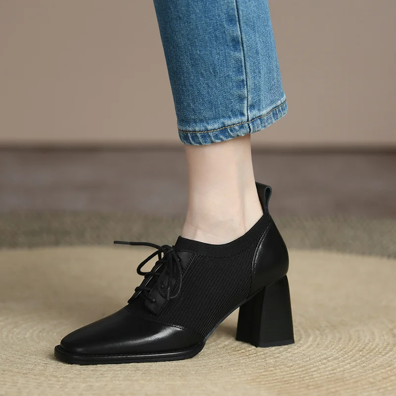2022 Spring and Autumn Fashion High-heeled Shoes Women Thick Heel Stitching Knitted British Style Square Toe Women\'s Shoes