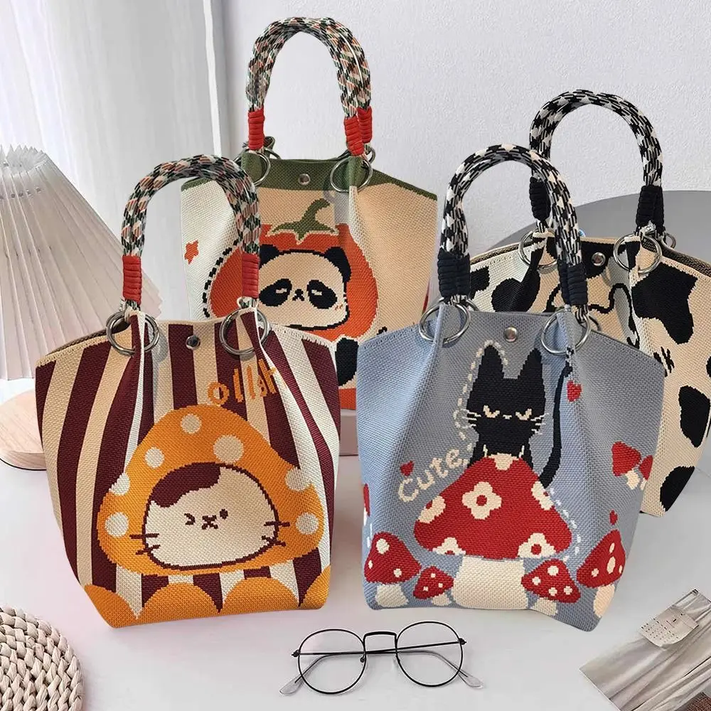 

Portable Cartoon Knitted Bucket Bag Handmade Large Capacity Shoulder Bag Woven Ring Buckle Handbag for Women Girls