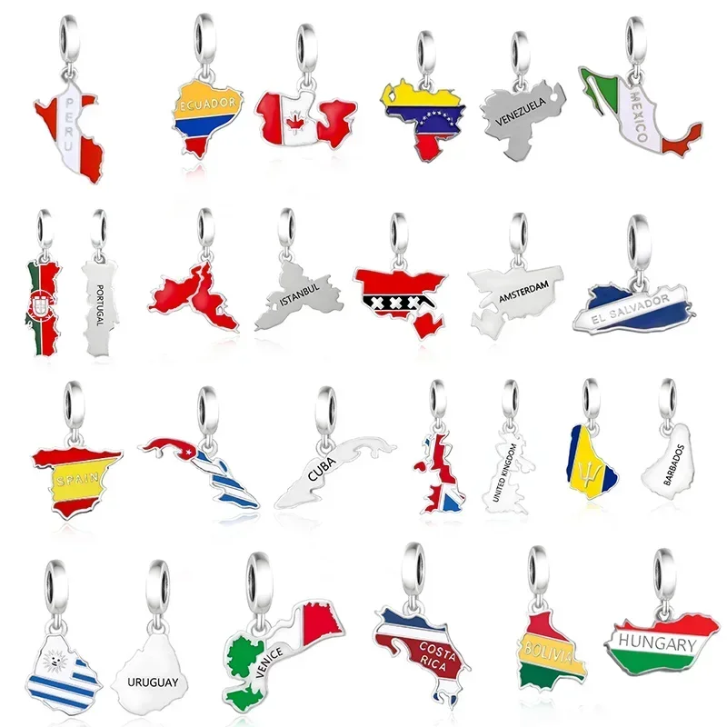 Prawdziwe srebro próby 925, dopasowane do oryginalnej bransoletki Pan Charms Kolorowa emalia DOMINICAN Flaga Mapa Koralik do robienia kobiet Berloque 2024