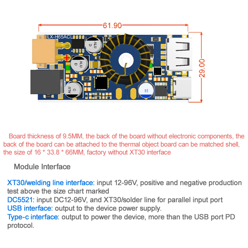 DC12-96V PD65W PD/QC2.0 3.0 Double USB Type-C Mobile Phone Quick Charge Adapter Step Down Module For Apple for Huawei SCP/FCP