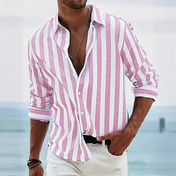 Camisa cardigã masculina de algodão e linho listrado praia férias lapela casual solto respirável confortável manga comprida tops