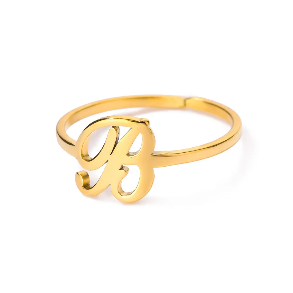 Initial Letter Rings for Women, Gold Color Adjustable A-Z Ring