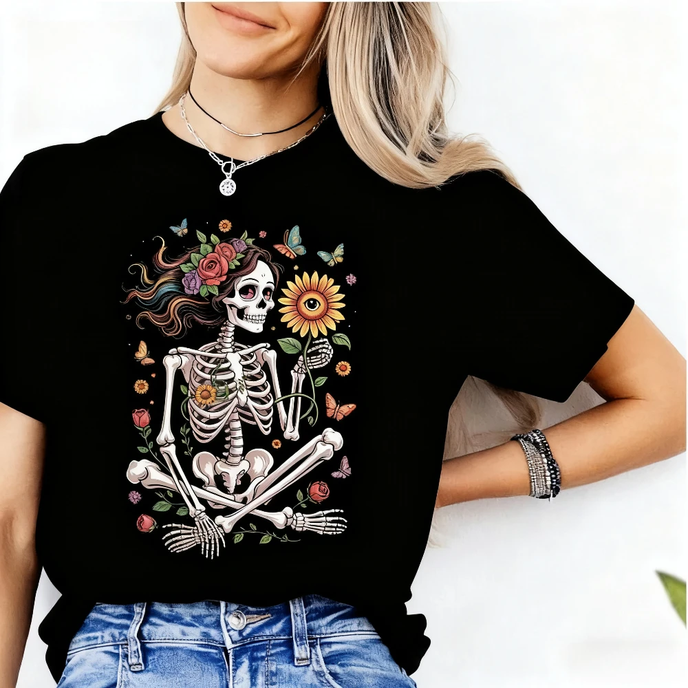 Skull Women Shirt Floral Skeleton T-shirt Day of The Dead TShirt Sugar Skull Floral Tops Boho Skeleton Flower Power Graphic Tee