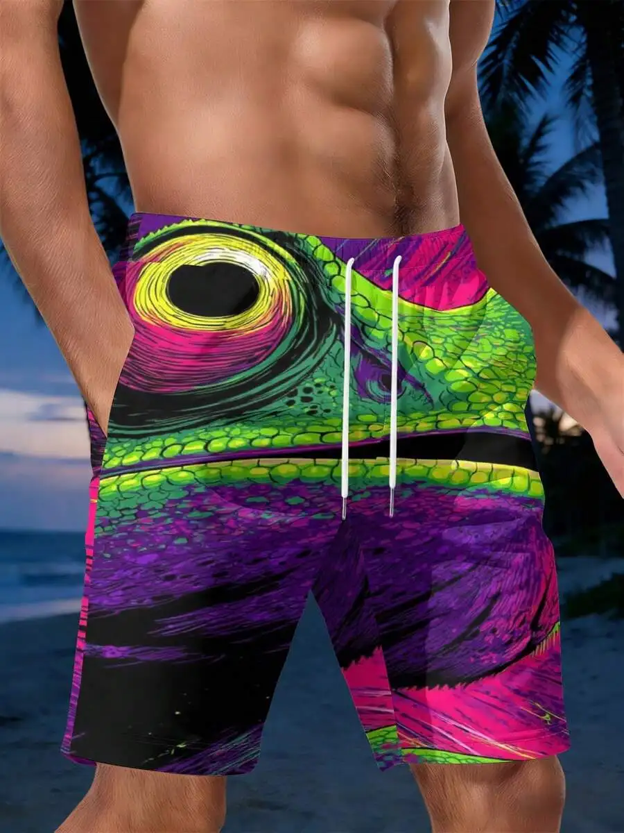 

Mens Psychedelic Frog Eye Print Beach Shorts Summer Quick-Dry Swim Trunks With Bold Neon Scales Design