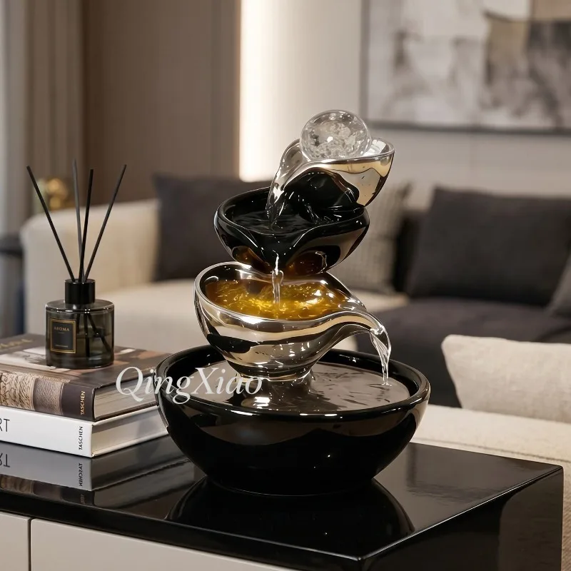 Tabletop Water Fountain Decor, Cascading Waterfall Ornament with Rolling Ball, Freestanding Water Feature for Living Room Office
