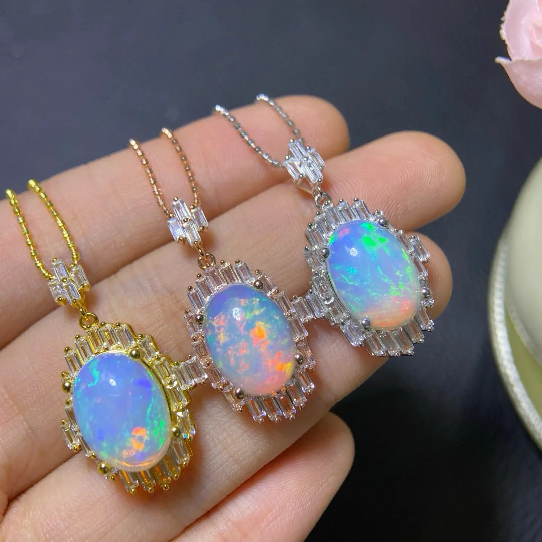 Natural Premium Opal Pendant Necklace - Hand-Selected 10x14mm Stone with Vivid Color & Full Fire Play, Includes Silver Chain
