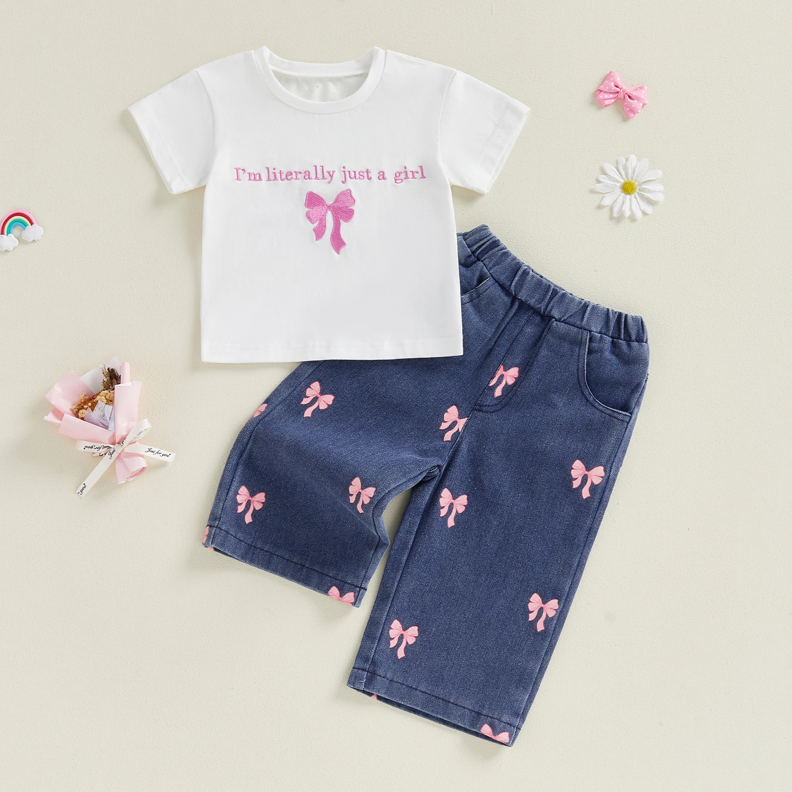 طقم ملابس للأولاد الرضع مكون من قطعتين تي شيرت مطبوع برقبة دائرية وأكمام قصيرة وخصر مطاطي من قماش الدنيم