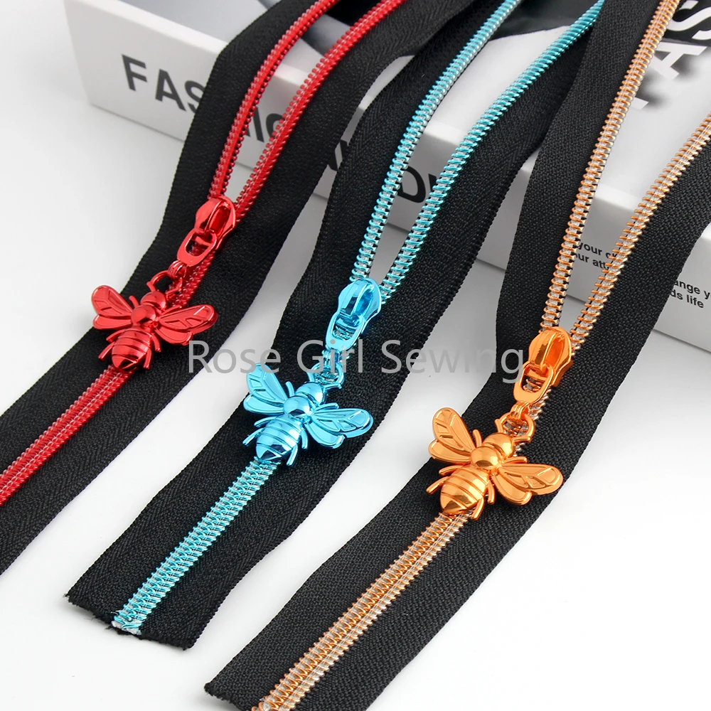 1/5sets Bee Shape 5# Nylon Metal Puller Sliders With Black Tape For Pocket Bags Handbag Garment Coil Zipper Sewing Accessories