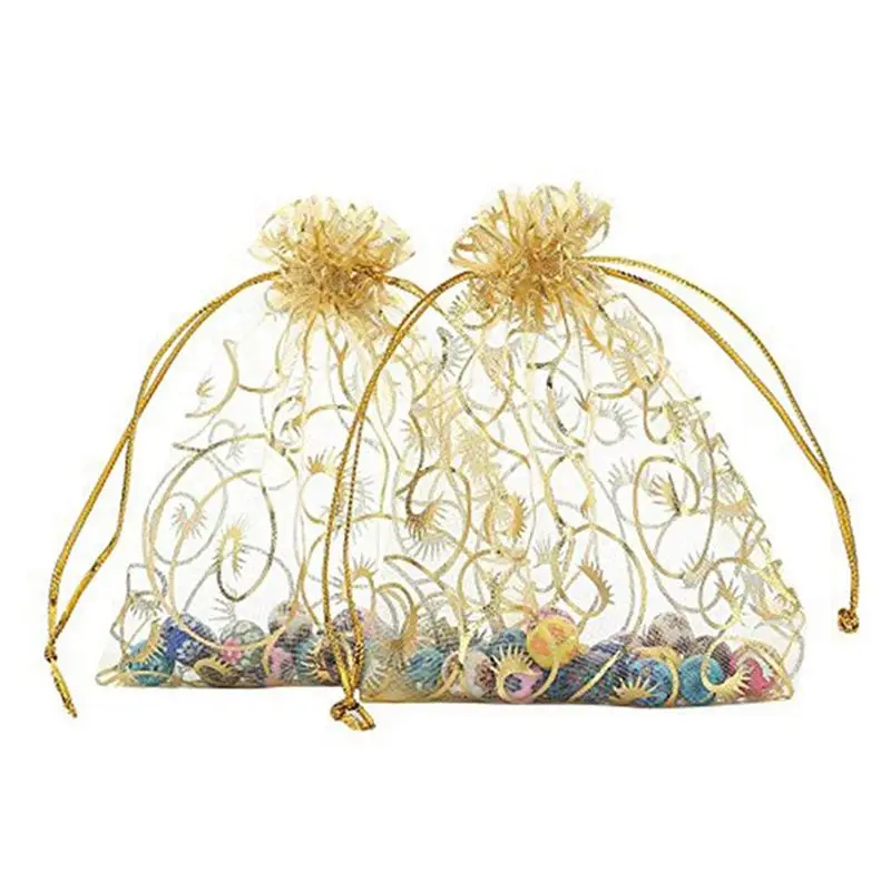 BHTS-300Pcs 10X15cm Eyelash Printed Gold Organza Bags Jewelry Pouch Bags Organza Pouches For Wedding Favors Candy Gift Bags