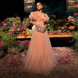 FORMALS A-line Layered Tulle Dress Off Shoulder Ruffled Coral Red Folds Evening Dress With Sweep Train Custom Made Prom Dresses