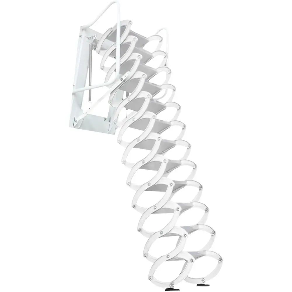 

White Collapsible Loft Ladder with Retractable Steps and Armrests, Wall-Mounted Telescoping Extension Stairs