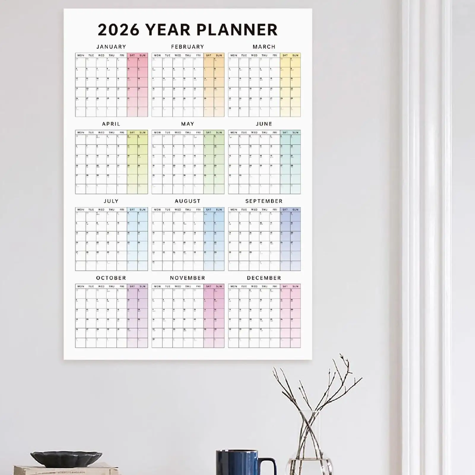 Calendario da parete 2026 Strumento di pianificazione di grandi dimensioni da 12 mesi Calendario mensile da appendere per dormitorio scolastico Camera da letto Studio Aula Ufficio