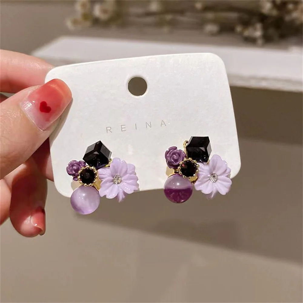 Exquisite Crystal Purple Flower Zircon Stud Earrings For Women Light Luxury Romantic Pearl Earrings Wedding Party Sweet Jewelry