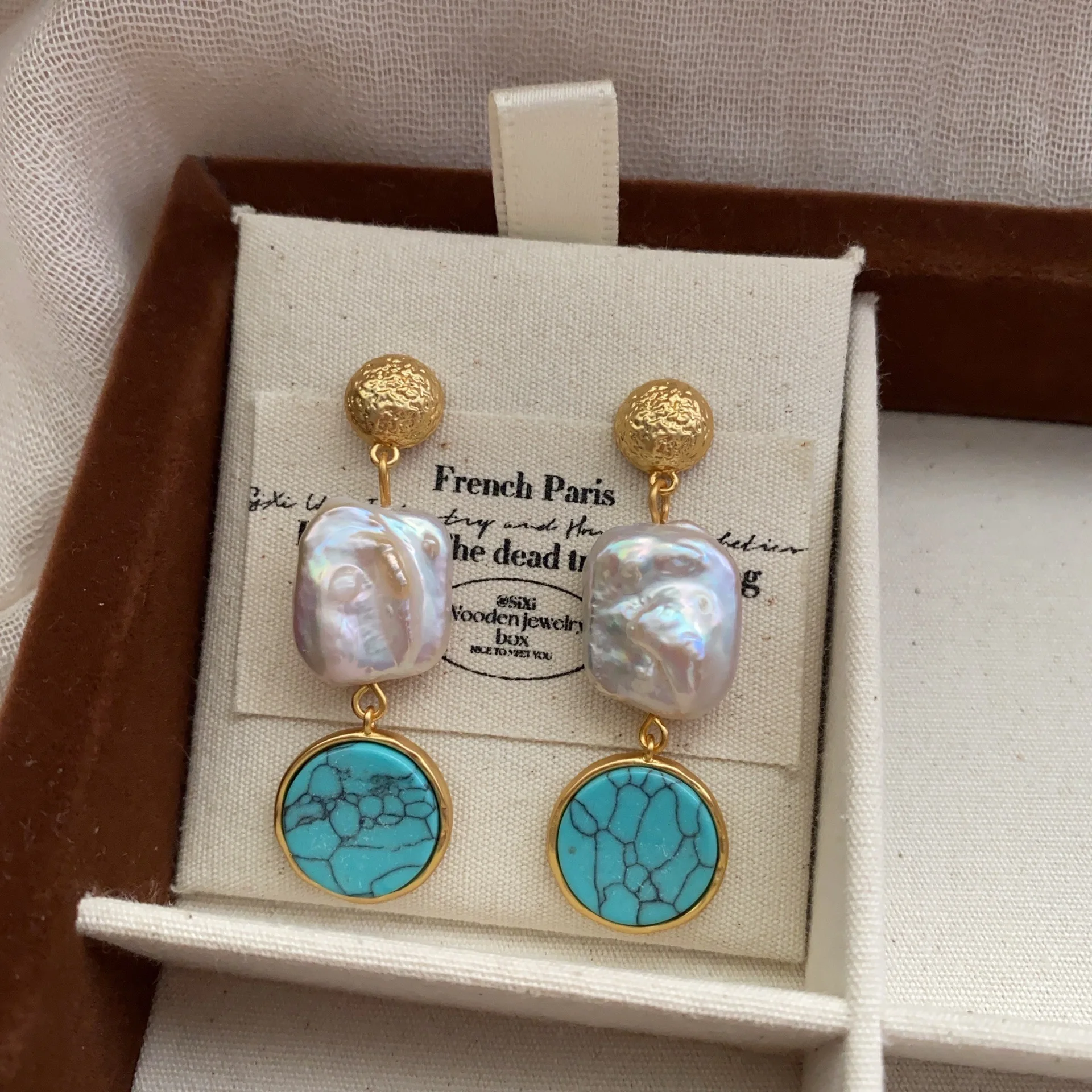 Square Baroque Pearl Pendant Earring Island Vacation Jewelry for Woman Girl Elegant and Simple Round Cakes Turquoise Eardrop