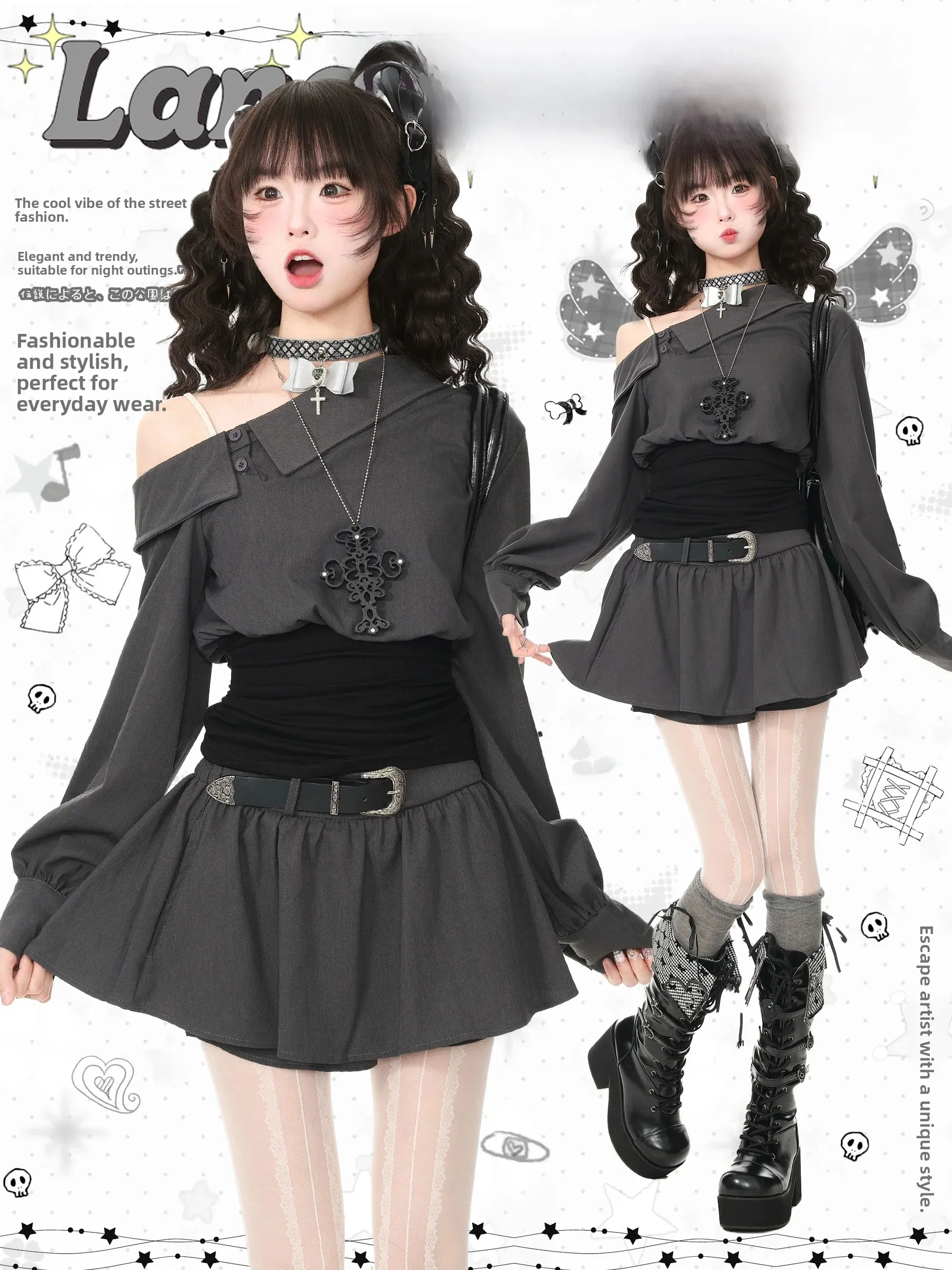 Languid Park Blue Ghost Design T-Shirt Skirt Set Women's Fashion Autumn Wear Casual Style Cotton Blend Long Sleeve Top