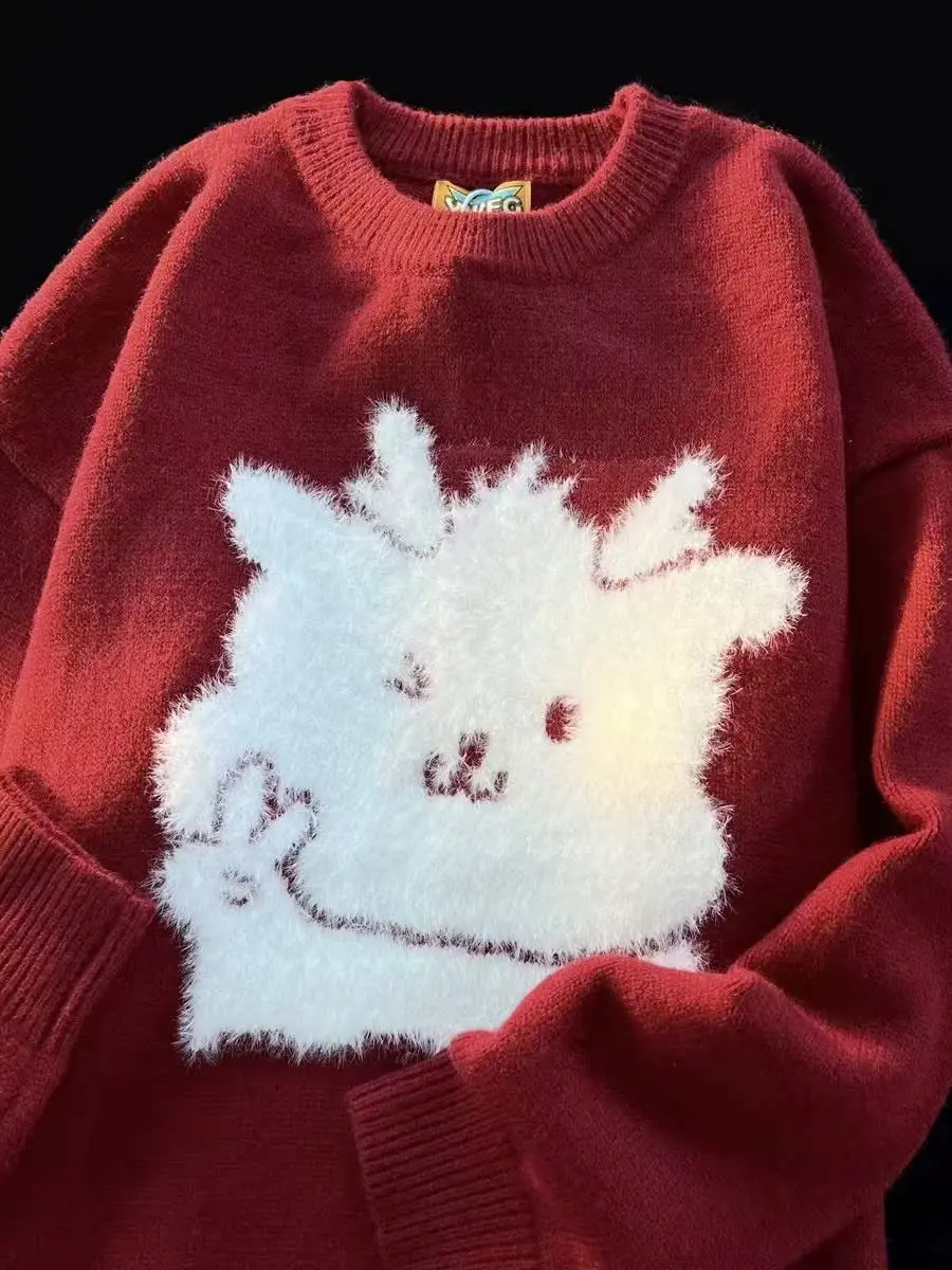 

Мужской вязаный свитер Plu свободного кроя с вышивкой в стиле «Год Дракона», модный городской пуловер с длинными рукавами и круглым вырезом для подростков