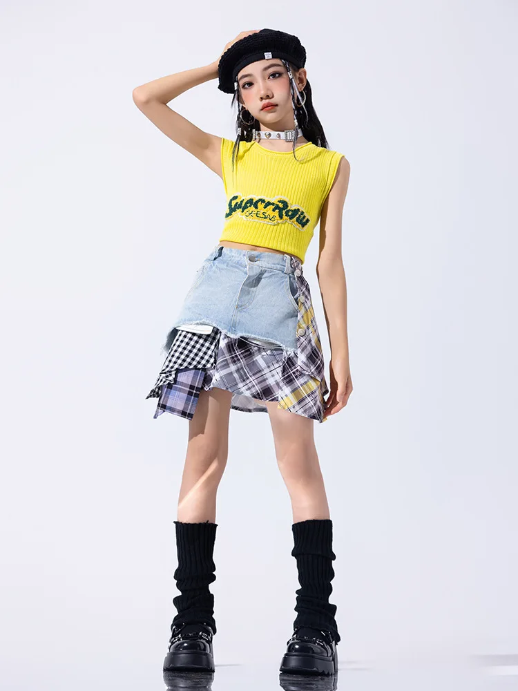 Girls Hip Hop Ballroom Dancing Costumes for Kids Jazz Dance Party Clothes Stage Wear Denim Stitching Skirt High Waist T Shirt