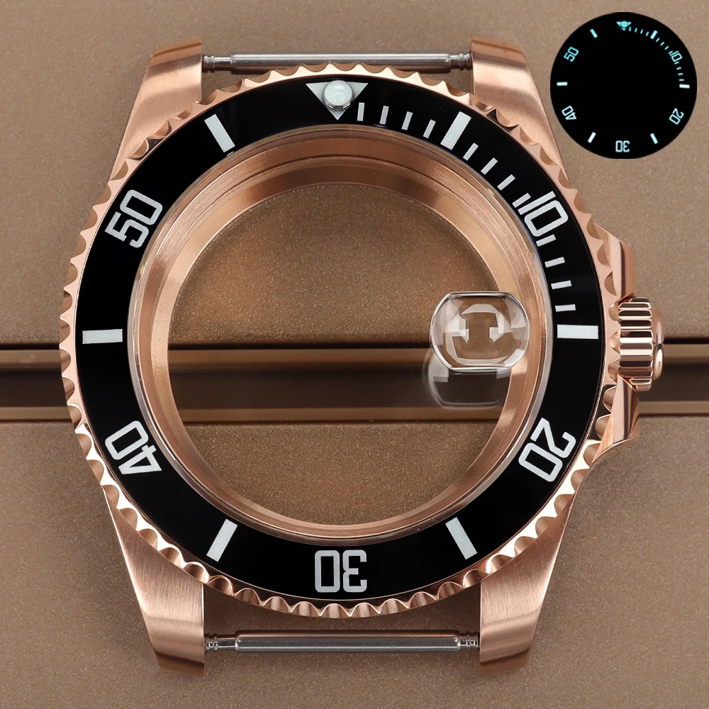 

All Rose 40mm NH35 Watch Case C3 Luminous Ceramic Bezel Sapphire Glass For SUB NH35 NH36 NH38 NH34 Miyota8215 ETA2824 28.5mmDial