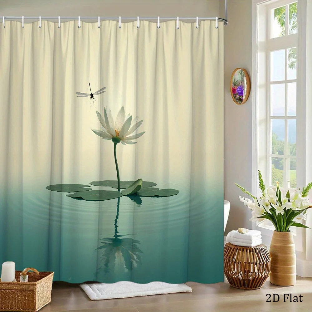 1pc Shower Curtain Featuring a White Water Lily And a Dragonfly Perched on a Stem in Serene Teal Waters, Complemented by a Gentl