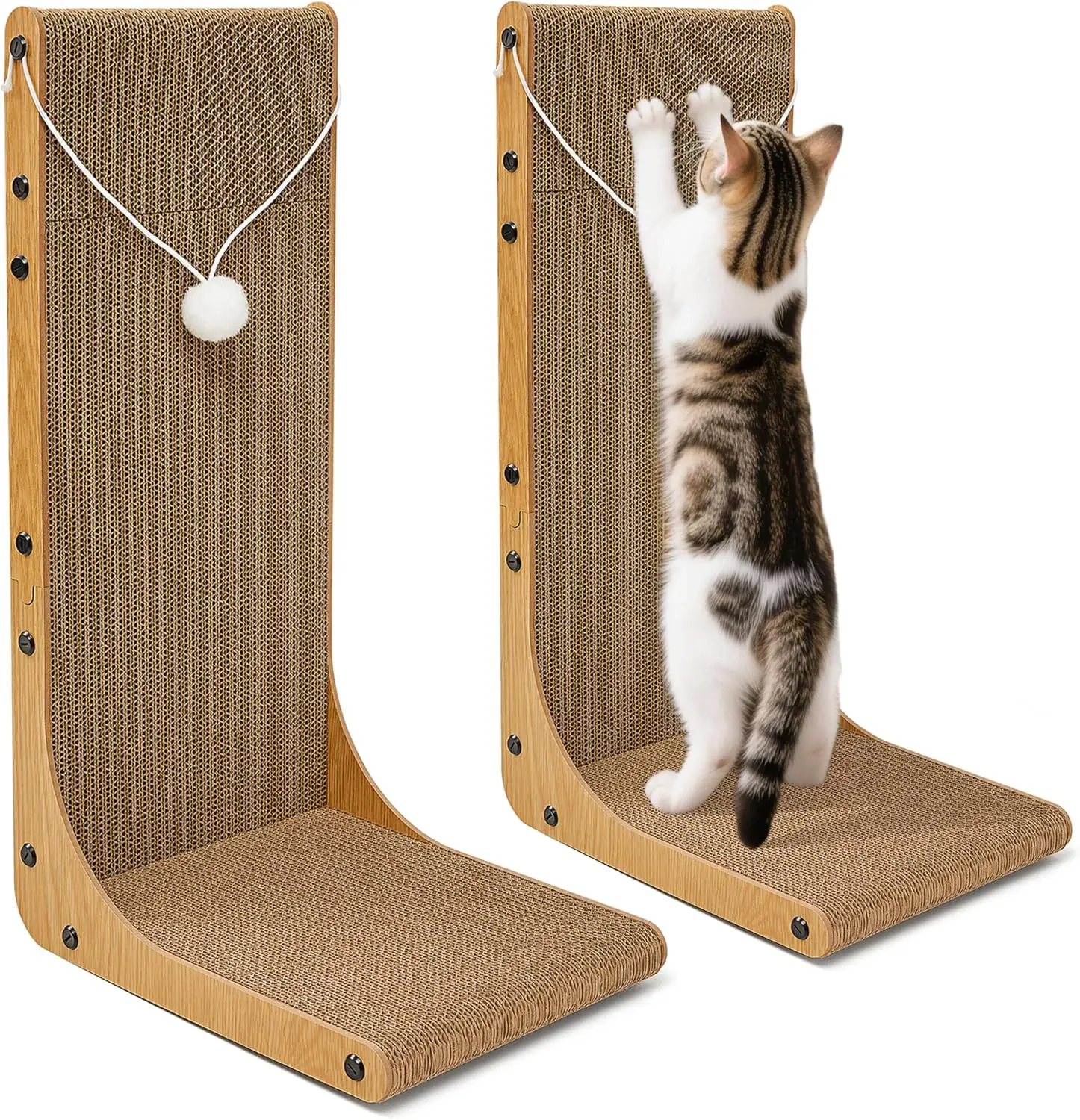 

Value 2-Pack 23.6 Inch L-Shaped Cardboard Cat Scratcher, Dual Use (Vert/Horiz) Scratch Pad with Toy Balls, Wall-Mountabl