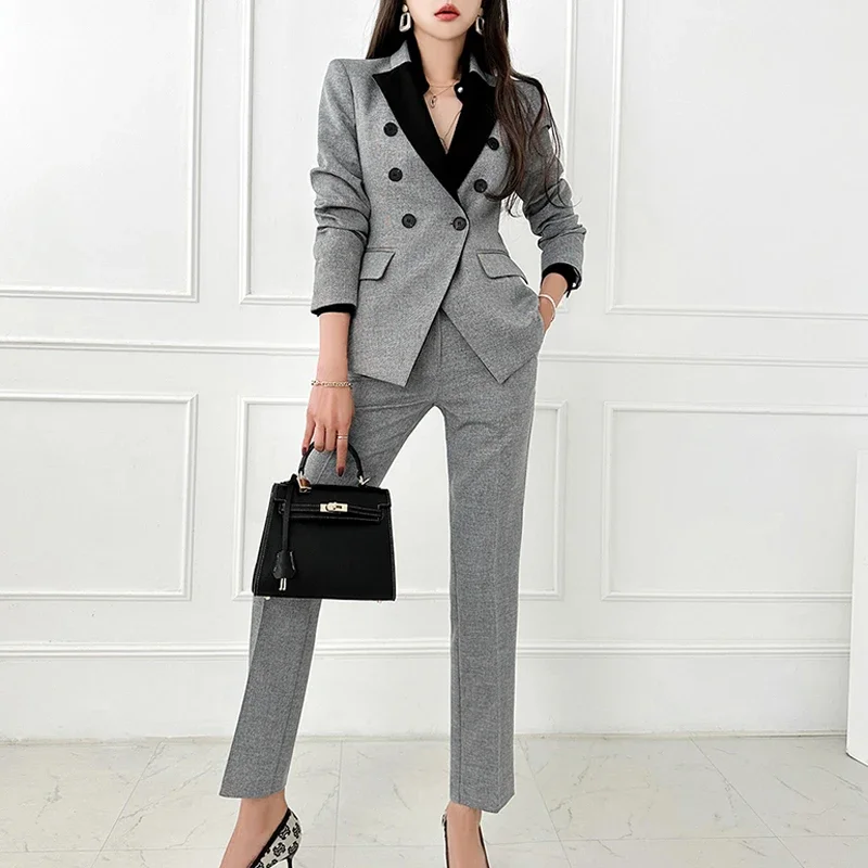 Autunno nuovo 2024 moda donna doppio petto lavoro Blazer abiti Slim pantaloni Casual Blazer giacche con pantaloni due pezzi Set