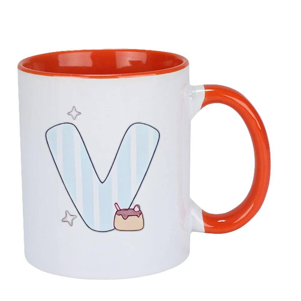 11oz V Letter Print Ceramic Coffee Mug with Star and Cake Design Tableware for Birthday Party Home Use Christmas Holiday Present