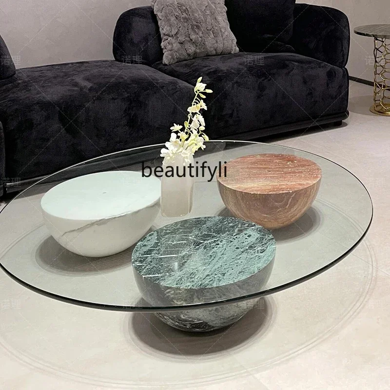

cqyNatural marble Nordic, personalized geometric designer glass round coffee table living room coffee table