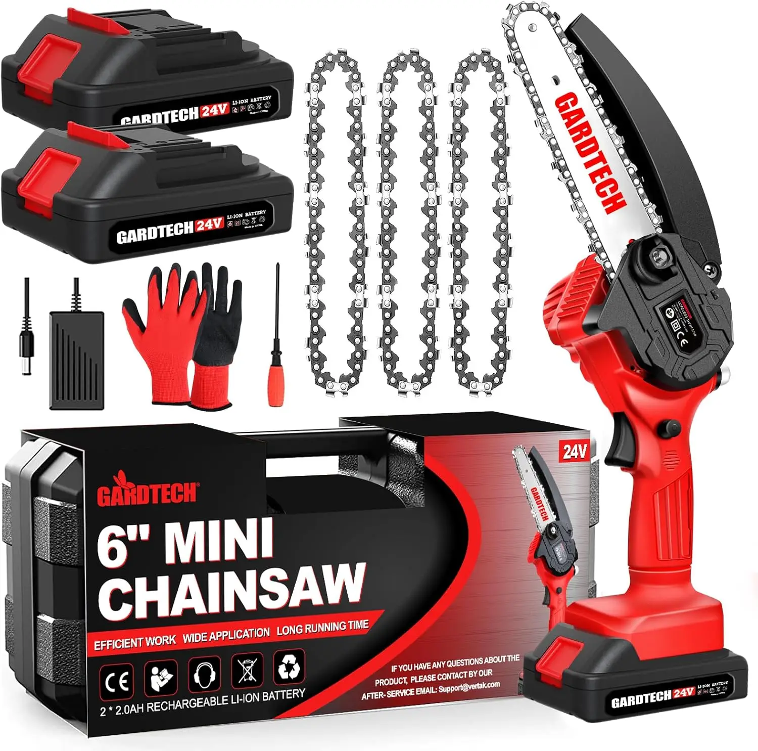 

6-Inch Cordless Mini Chainsaw, 4 Chains & 2 Batteries, 2+ Hours Runtime, Lightweight & Easy to Use for Gardeners and DIYers