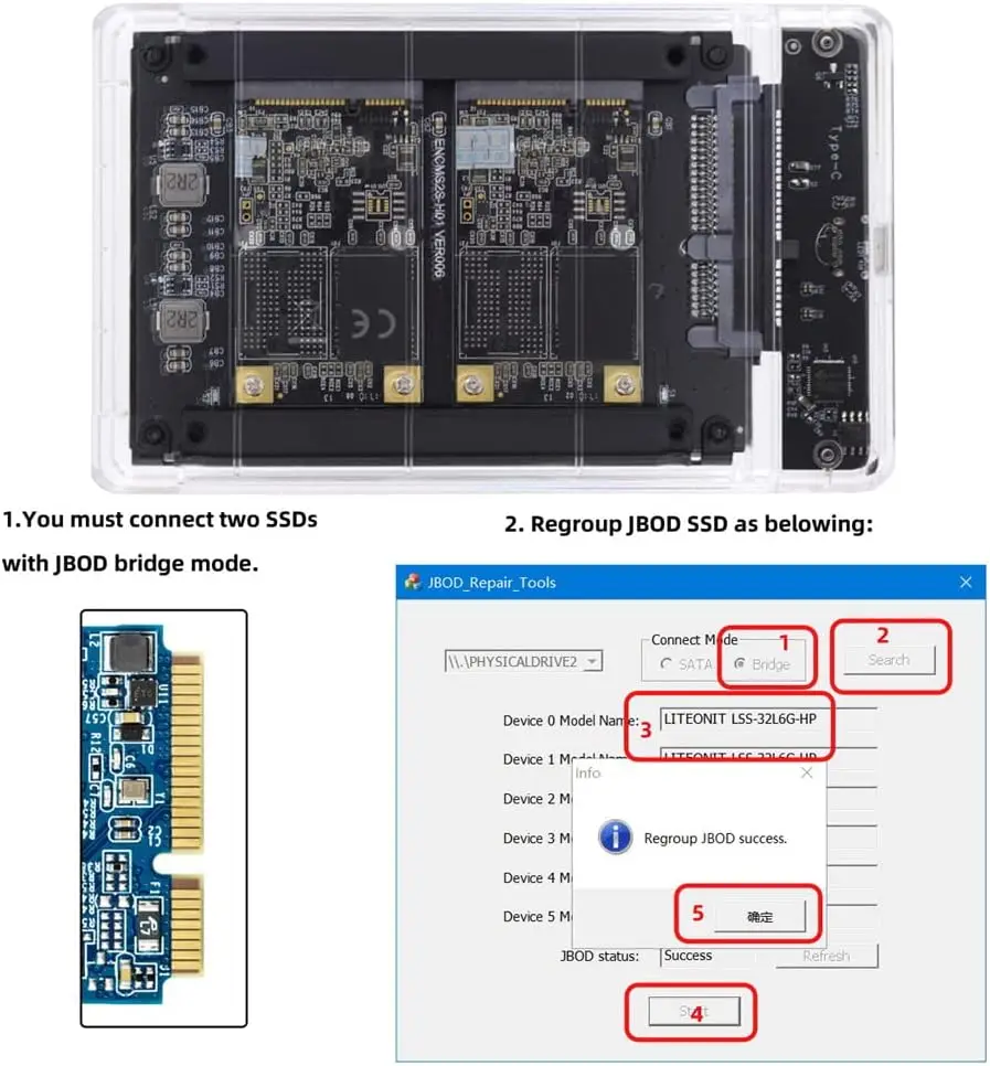 Cartão SSD MSATA Mini-SATA duplo JBOD Raid0 Span Bridge para USB3.0 Tipo-C USB-C Gabinete combinado SATA de 2,5 polegadas