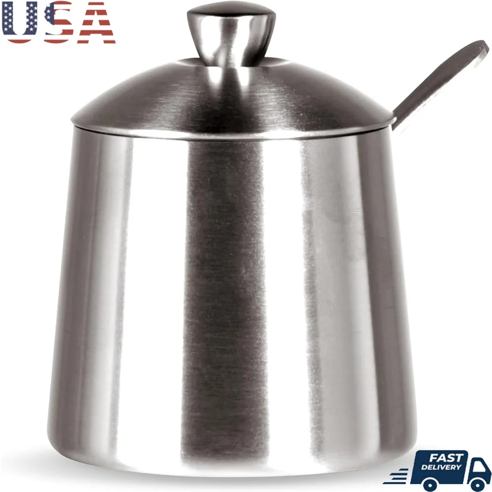 

Elegant Stainless Steel Sugar Bowl with Lid Spoon 10 oz Container Dispenser with Pour Spout Kitchen Countertop