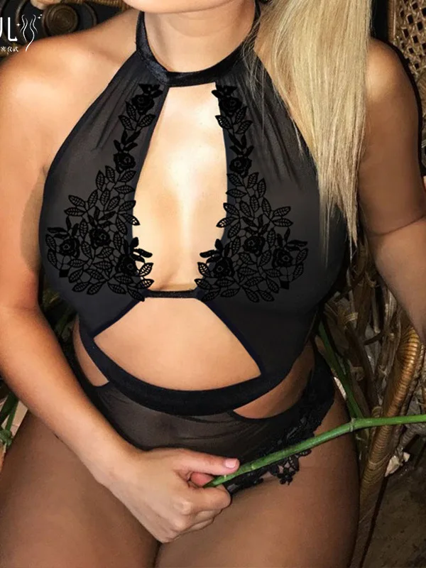 Mesh 2024 Women's Sexy Transparent Printed Sexy Jumpsuit Hollow Out Pure Colour Bobysuit For Women Slim Fit Fashion Bodysuits 5O