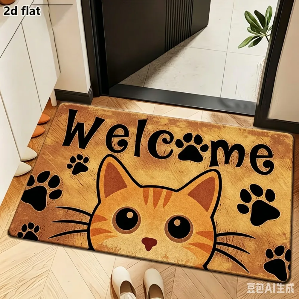 Cute Cats Cartoon Doormat Four Adorable Feline Friends Print Welcoming Entrance Mat For Cat Lovers Home Decor