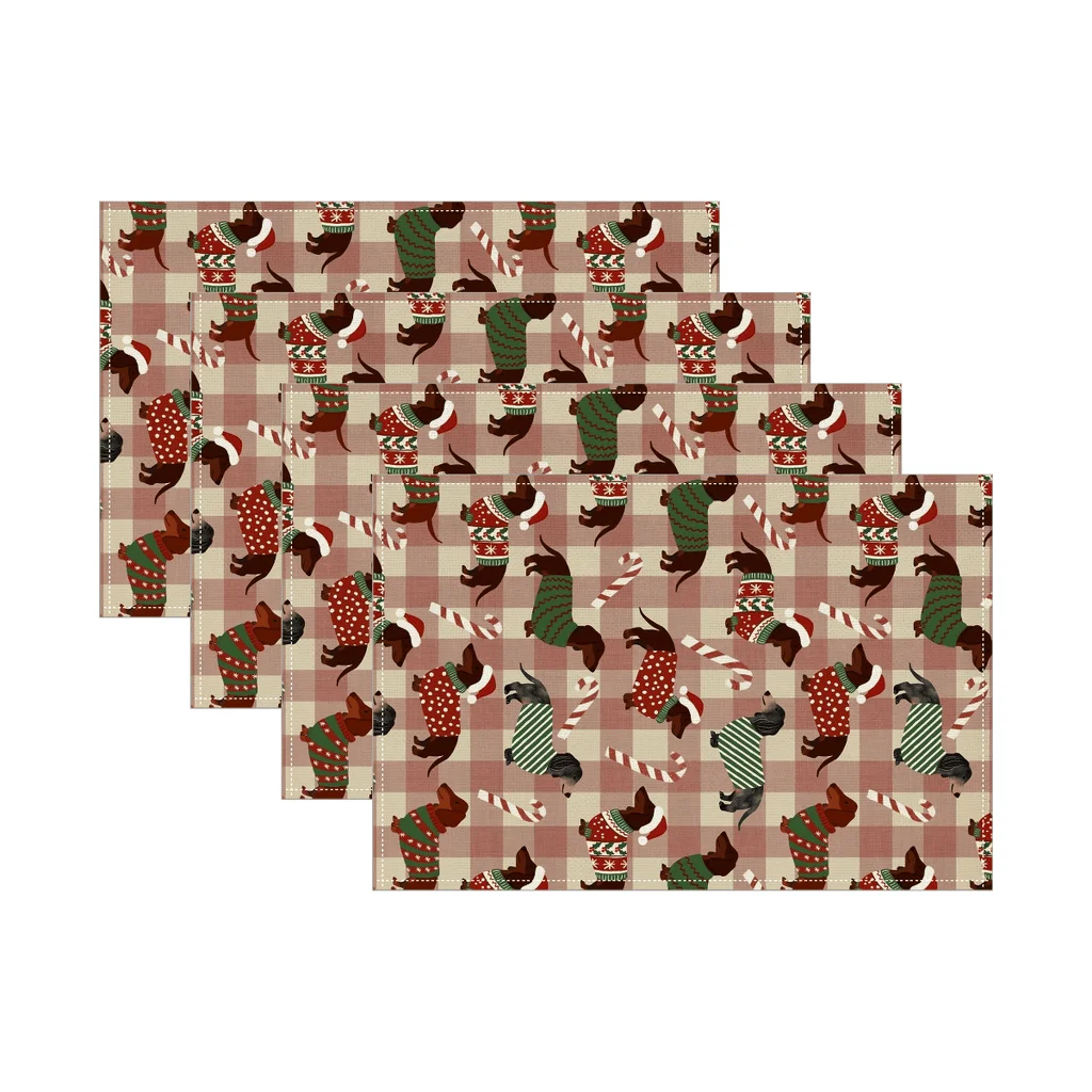 Juego de 4 manteles individuales navideños con patrones de perro Pug y perro salchicha, mesa a cuadros roja/verde, fondo de guinga rosa