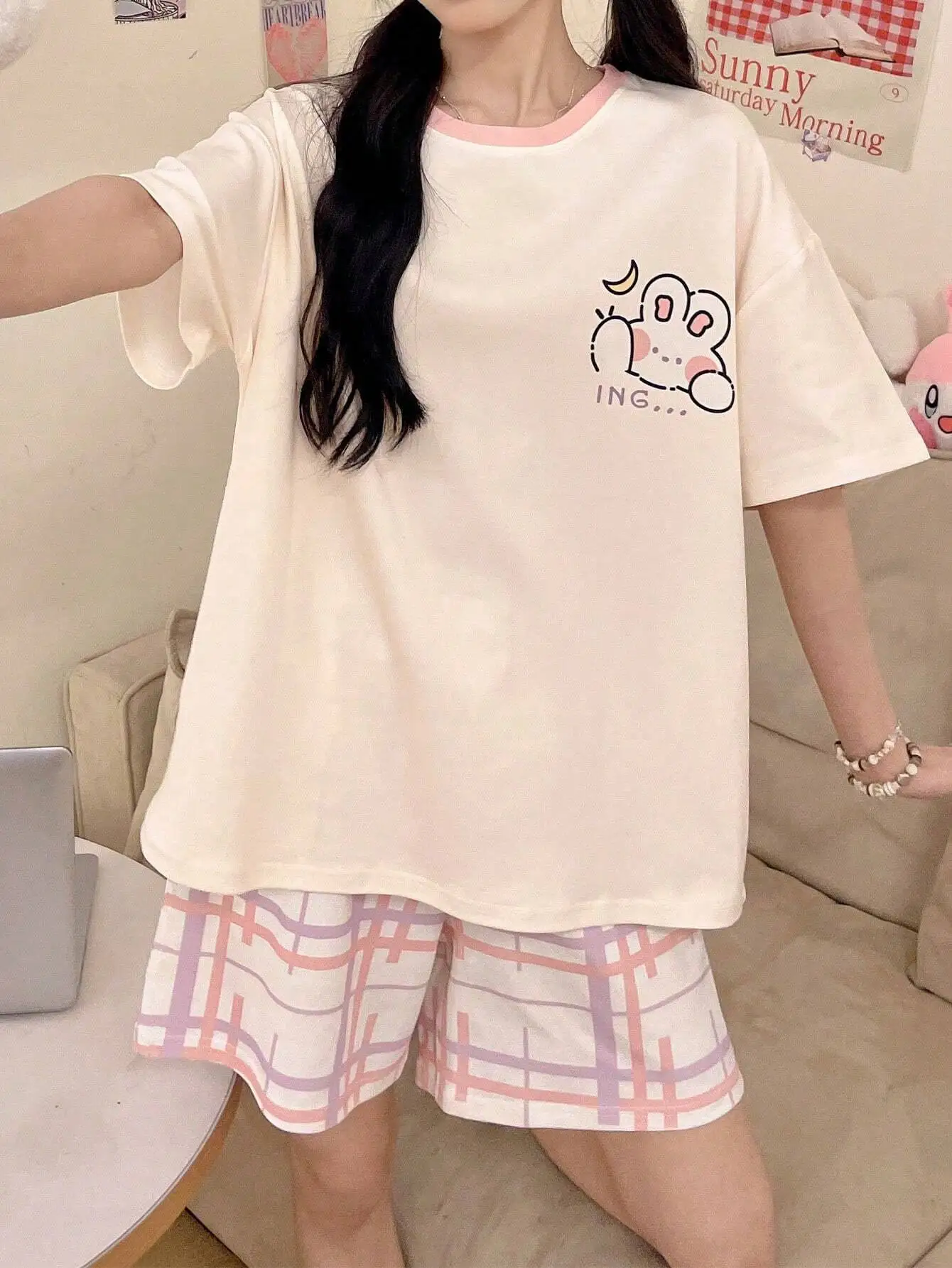 

Cream Cartoon Animal Print Loose Fit Round Neck Short Sleeve Pajama Top with Plaid Shorts Set