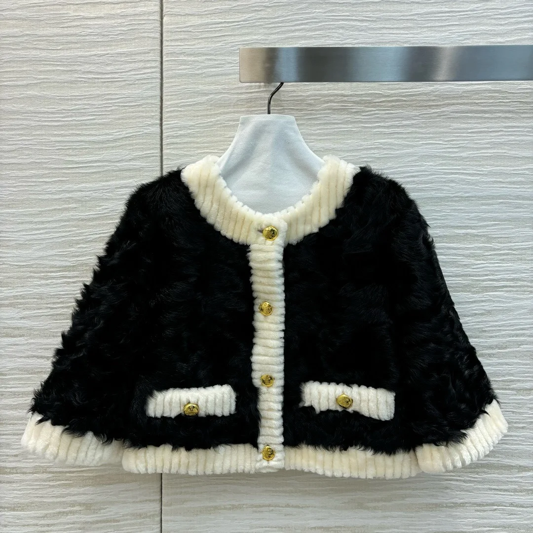 

EVACANDIS Luxury Elegant England Style Lambswool O-Neck Short Jacket Classic Black White Hit Color Single Breasted Sweet Coat