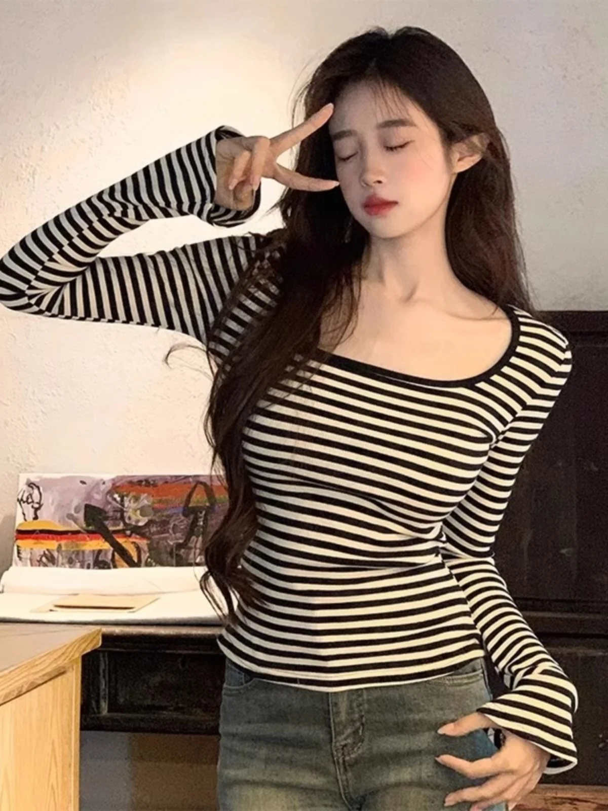 Retro Amerikaans gestreept lang Sve dames T-shirt met vierkante kraag Lente herfst lage kraag Slim Fit Base irt grote kraag top